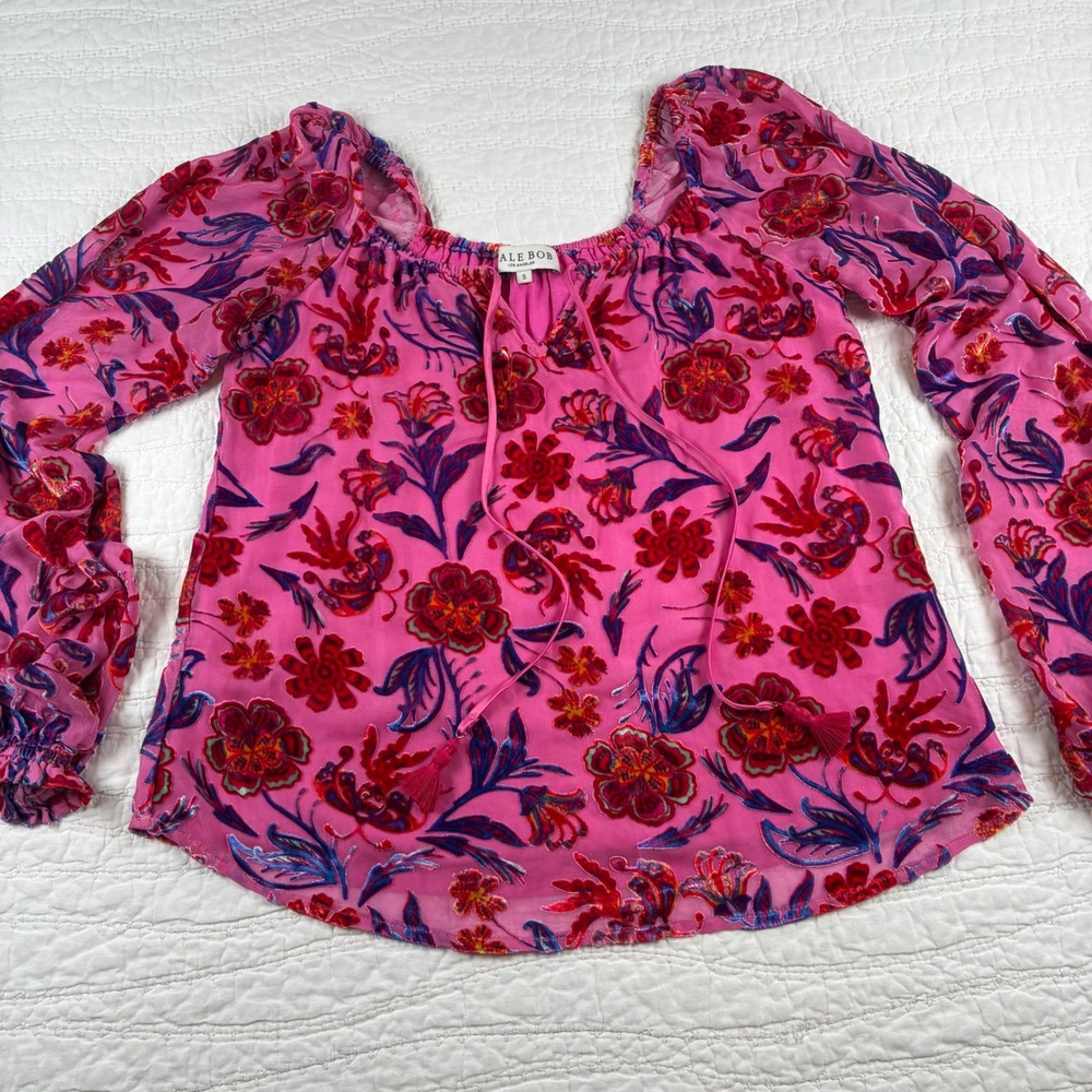 Hale Bob Delyse S Pink Velvet Burnout Floral Blouse Silk Blend Peasant Boho Lux